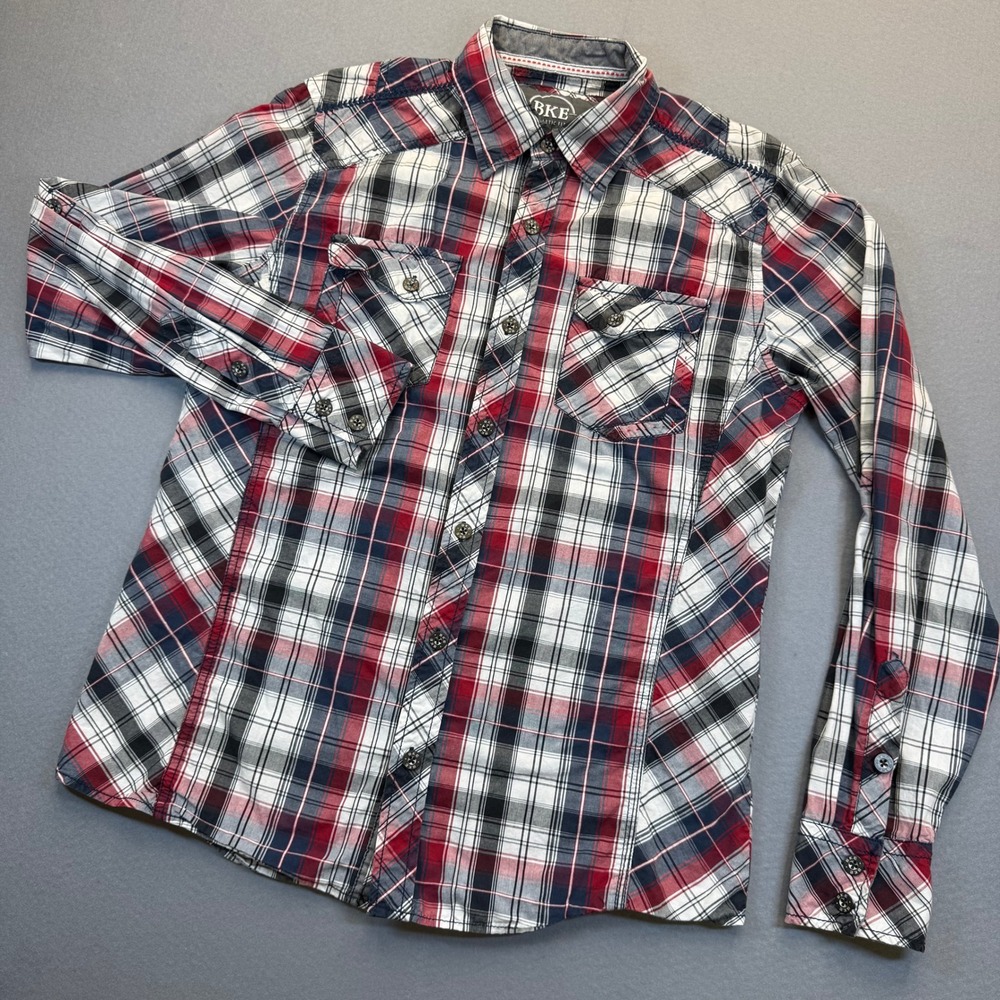 BKE Mens Athletic Fit Plaid Button Up Shirt Red White Blue Cotton Small 11220FPW